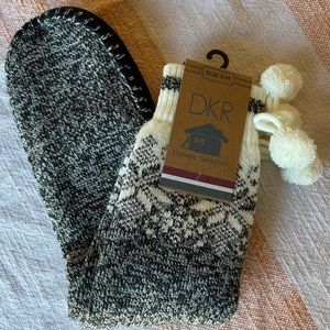 DKR Cottage Collection Sock Slippers with Padded Bottoms and Pom Pom Top.